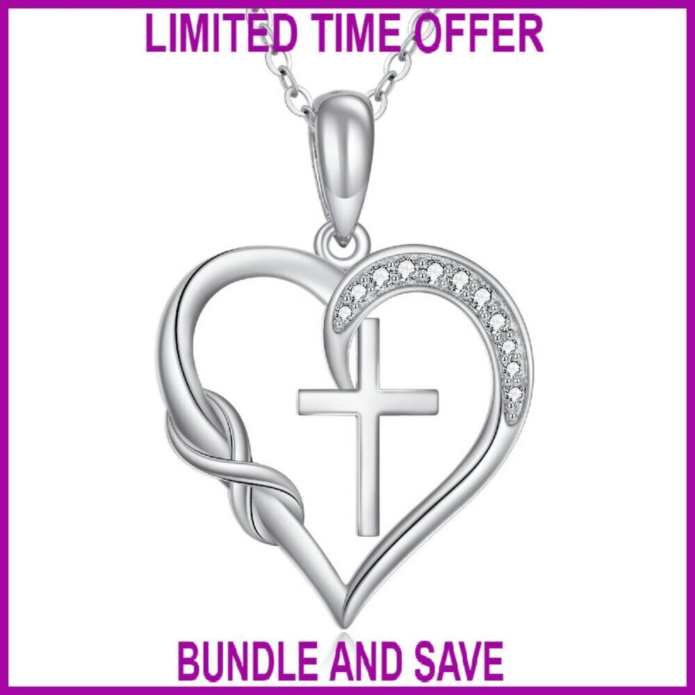 Sterling Silver Moissanite Cross Heart Pendant Necklace 18+2 Inch Chain